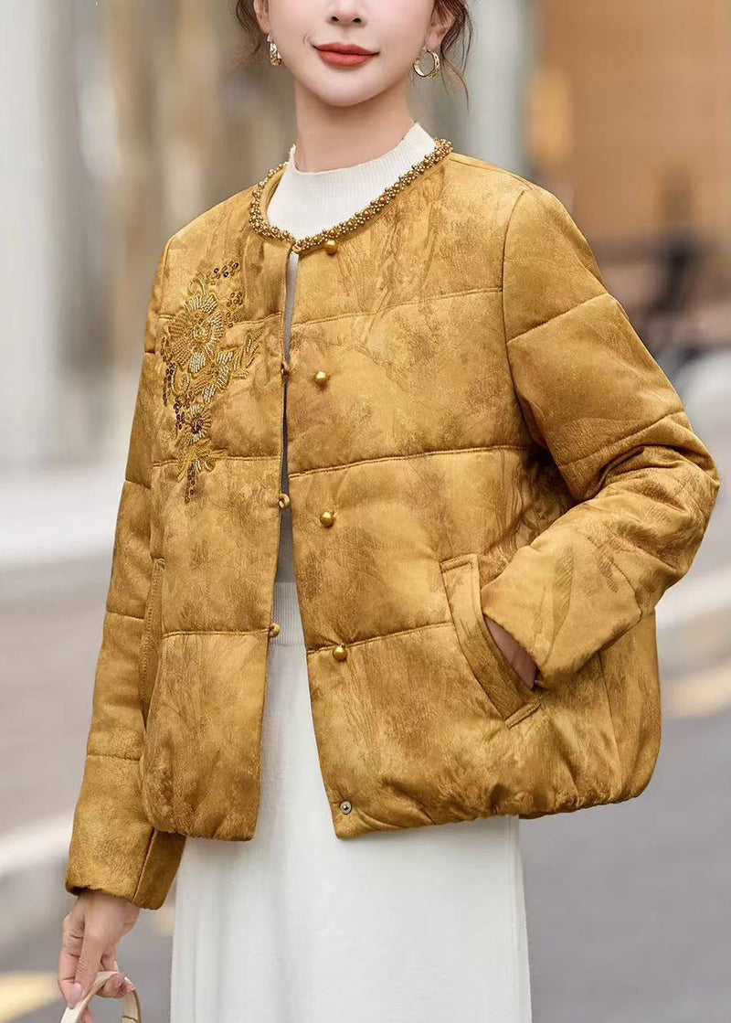 Style Yellow Sequins Embroidered Fine Cotton Filled Witner Coats