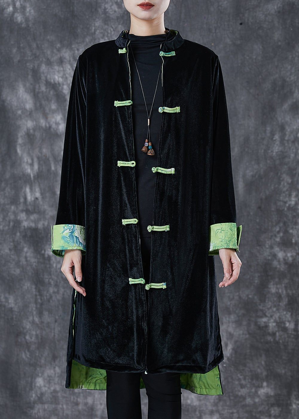 Black Chinese Button Silk Velvet Coat Outwear Spring