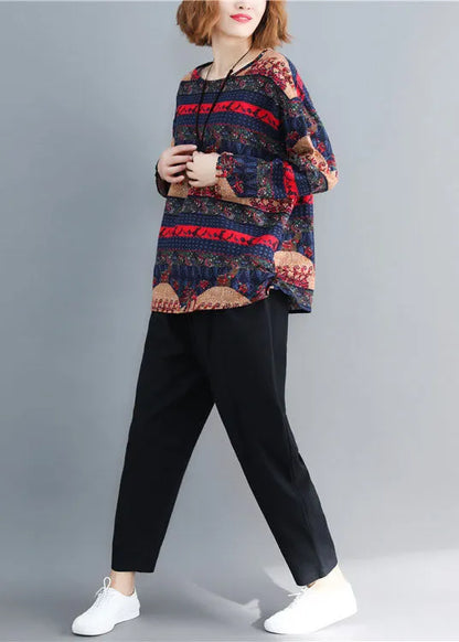 Navy Print Cotton Loose Tops O-neck Long Sleeve