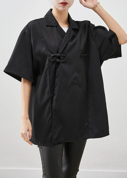 Black Oversized Chinese Button Cotton Shirt Short Sleeve