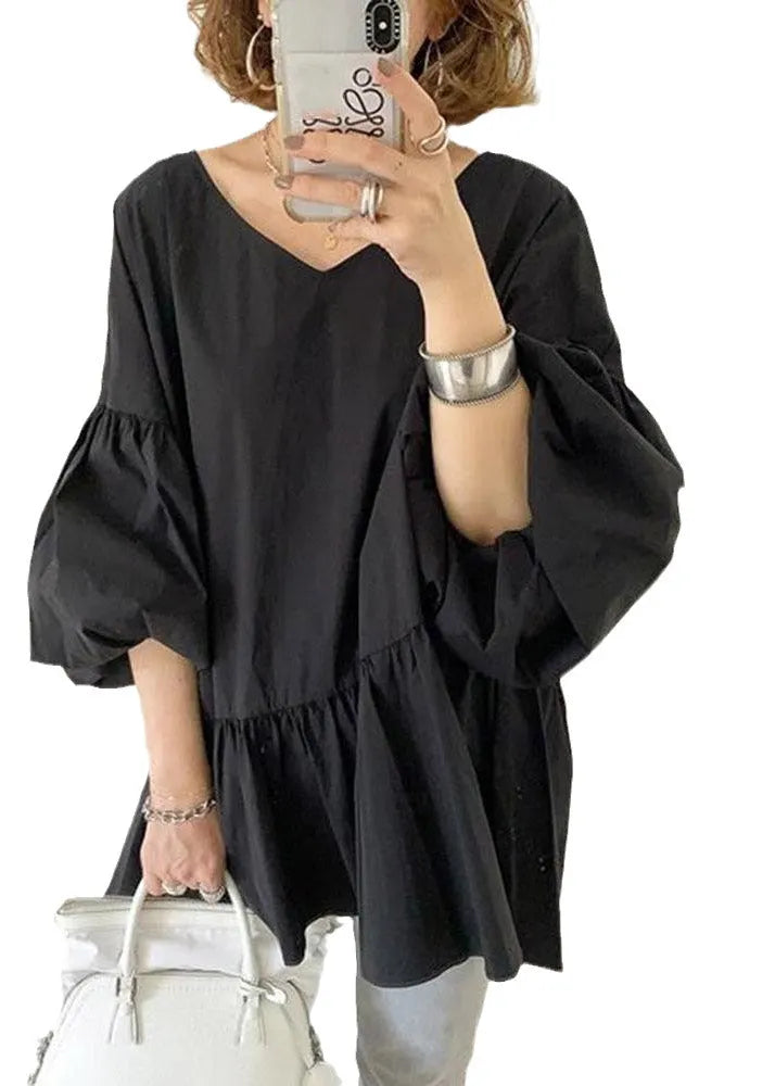 Black V Neck Wrinkled Shirts Lantern Sleeve