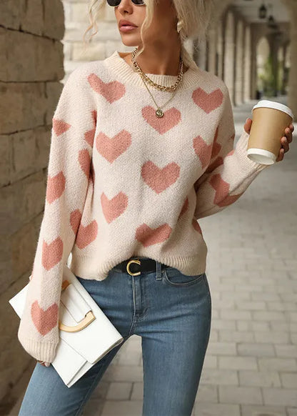 Diy Pink O Neck Thick Heart Jacquard Knit Pullover Fall
