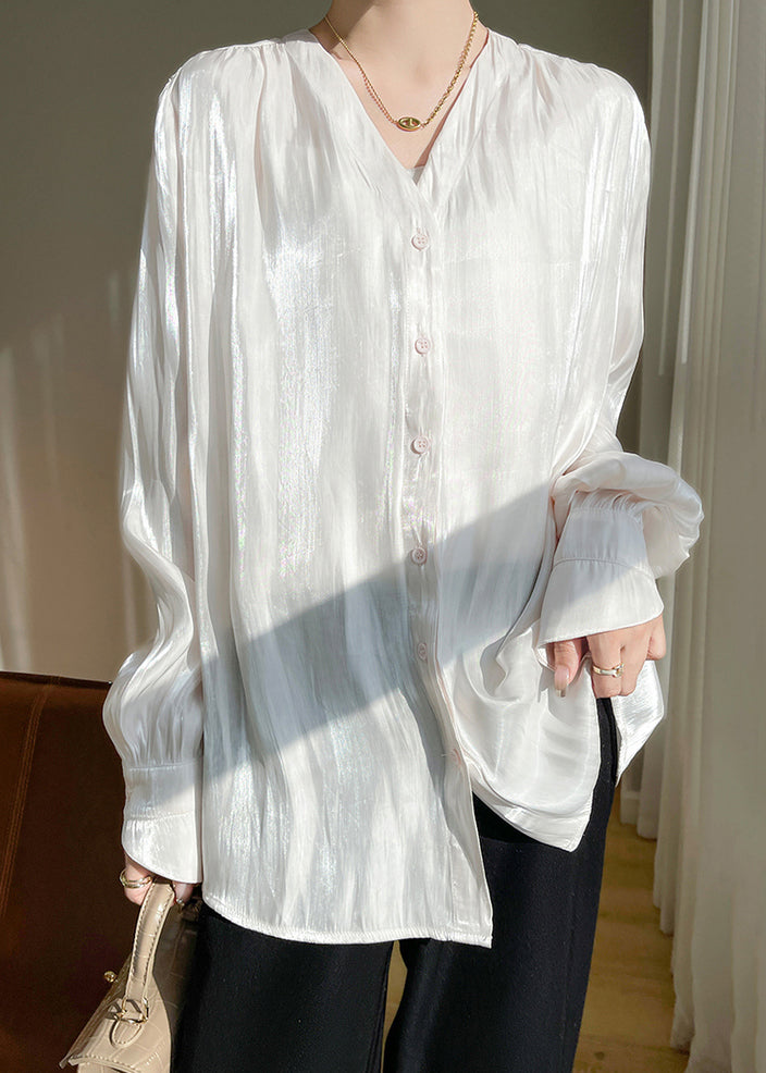 Simple White Button Silk Shirts Fall