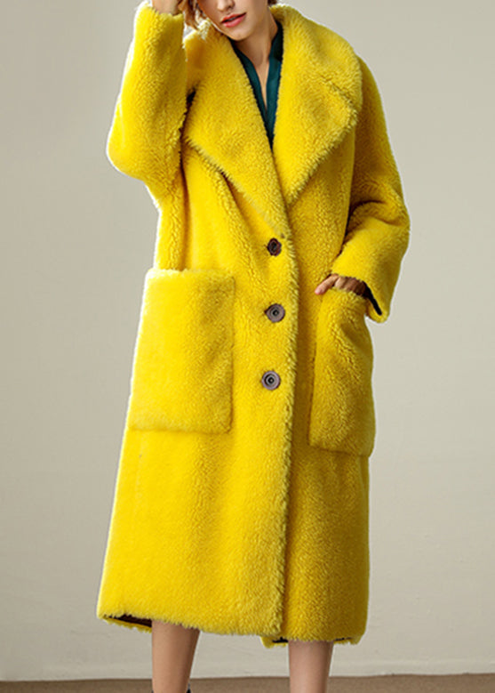 Yellow Sailor Collar Pockets Loose Wool Coats Long Sleeve
