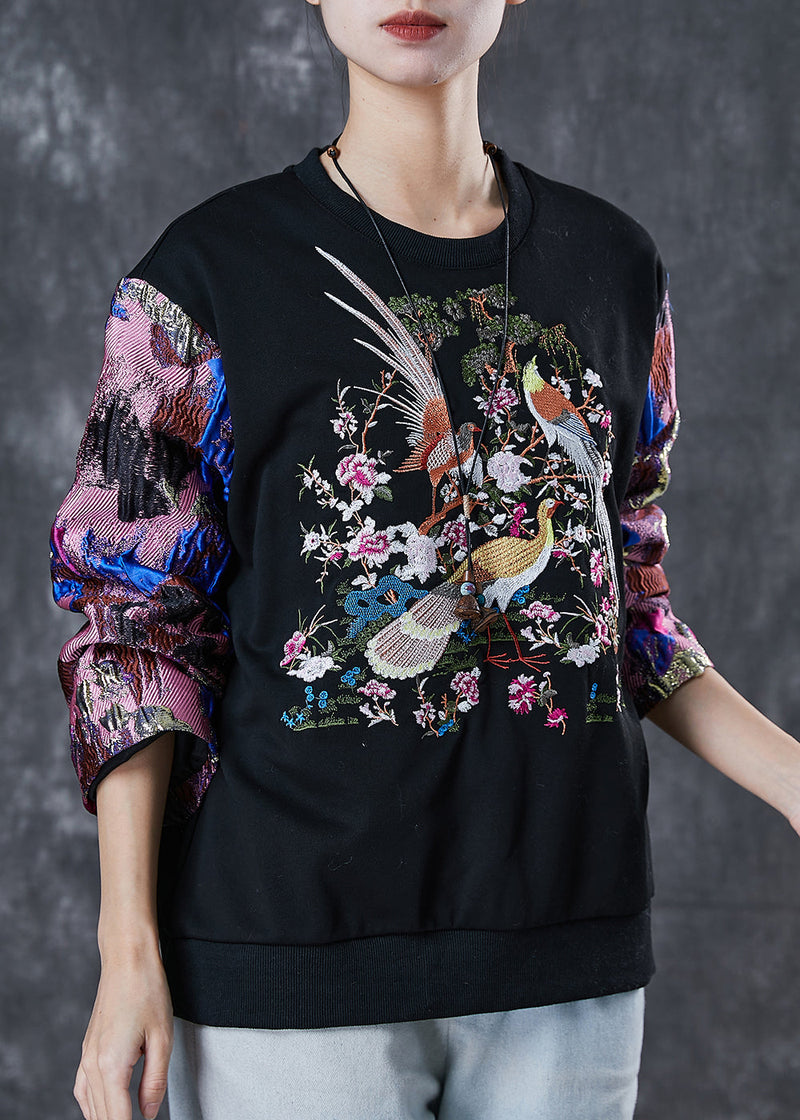 Black Embroidered Patchwork Cotton Sweatshirt Spring