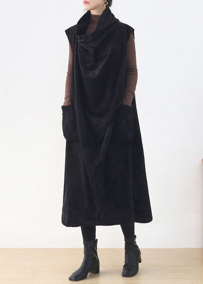 Black Turtleneck Draping Knit Cotton Dresssleeveless