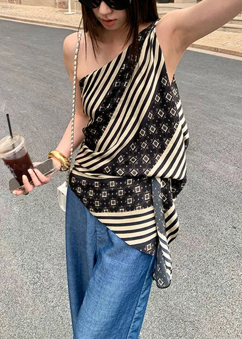 Slim Fit Striped Asymmetrical Print Cotton Tank Sleeveless