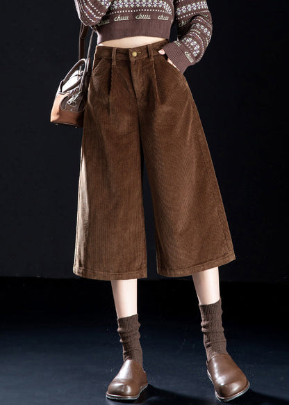 Coffee Button Pockets High Waist Corduroy Wide Leg Pants Spring