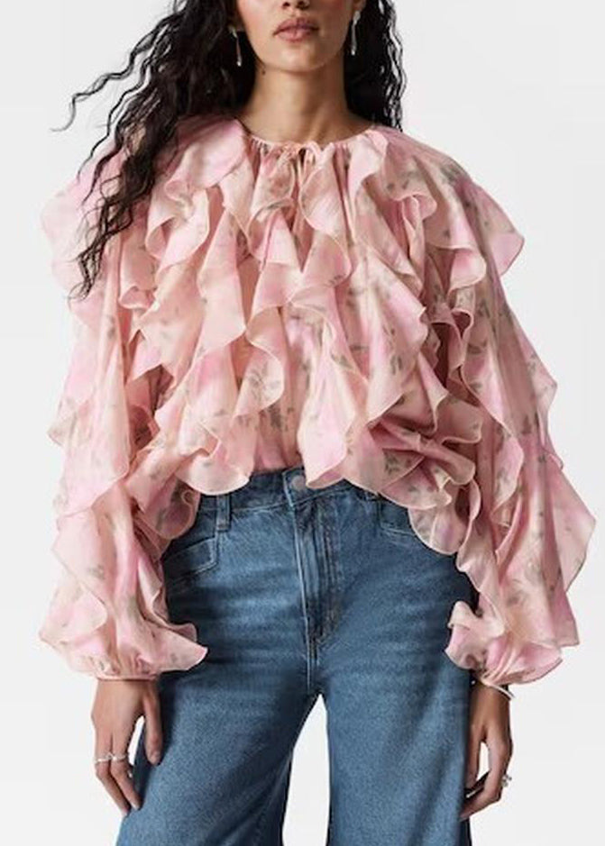 Pink Ruffled Patchwork Chiffon Shirt Tops Fall
