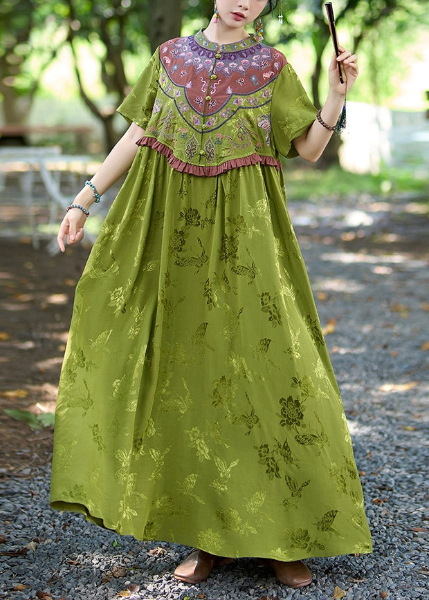 Green Stand Collar Ruffled Embroidered Silk Dresses Summer