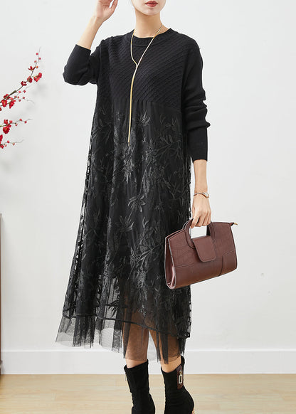 Black Embroideried Tulle Patchwork Knit Long Dress Fall