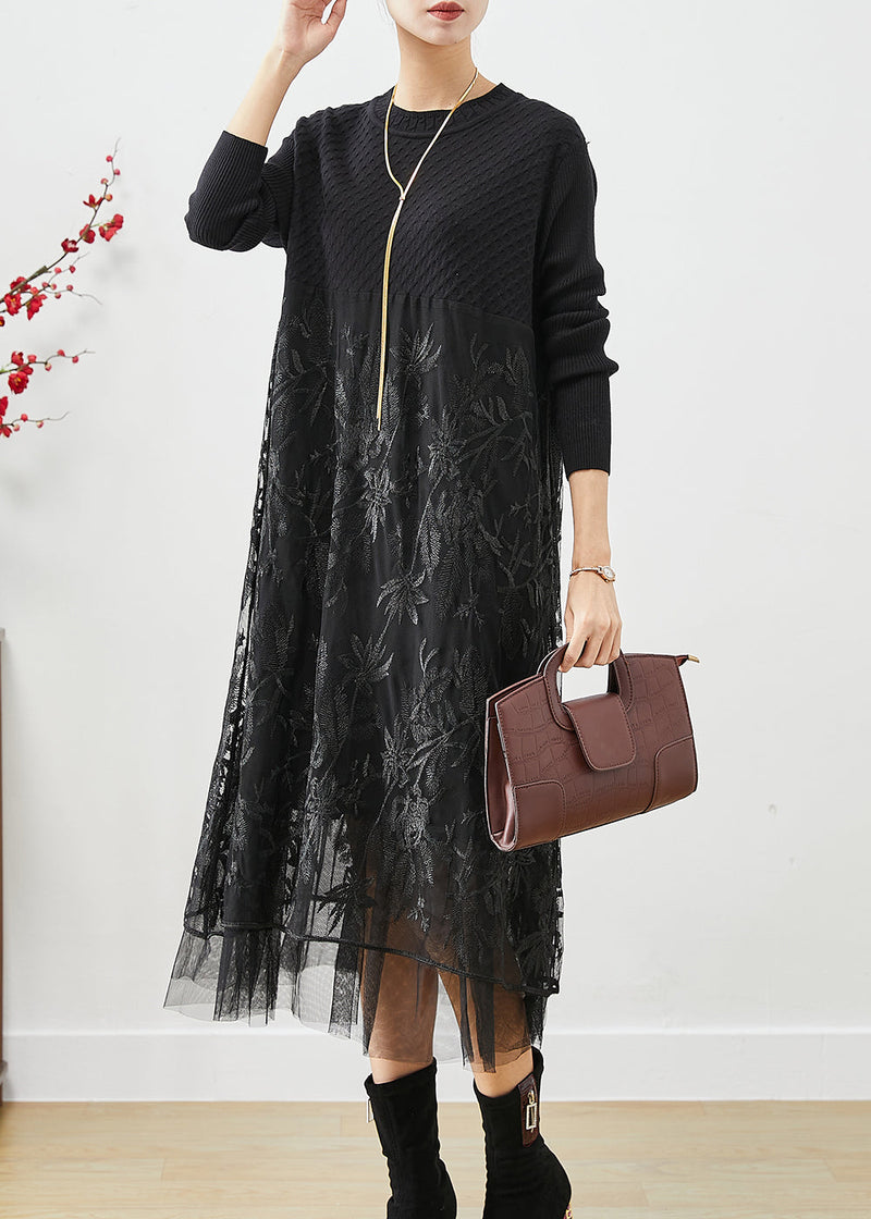 Black Embroideried Tulle Patchwork Knit Long Dress Fall