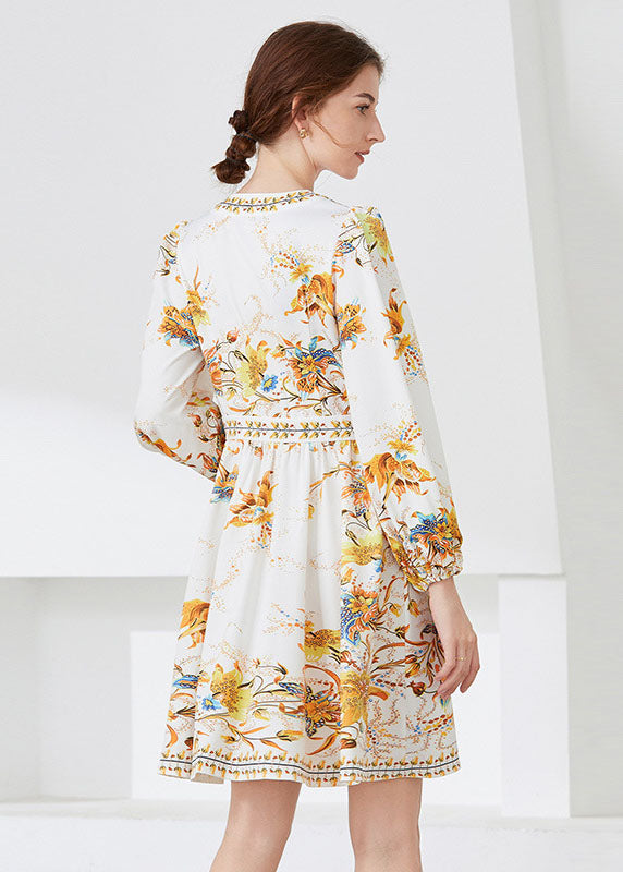 White V Neck Print Chiffon Mid Dress Spring
