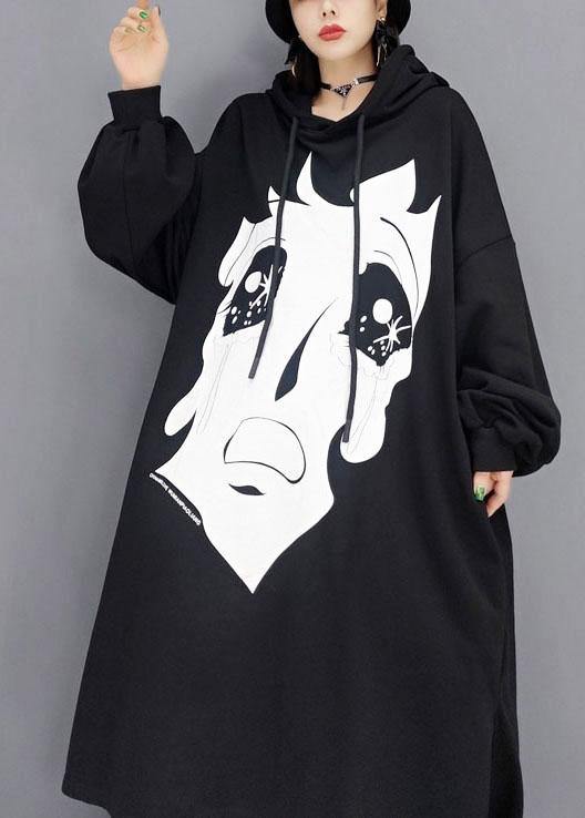 Boutique Black Hooded Print Side Open Long Dress Fall Long Sleeve