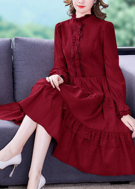 Pink Ruffled Lace Patchwork Exra Large Hem Silk Velour Dress Spring