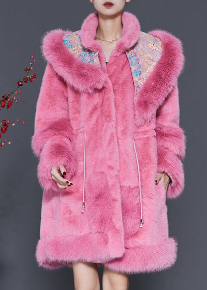 Pink Embroideried Drawstring Mink Velvet Coat Outwear Spring