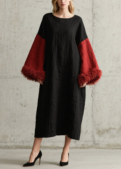 Black Oversized Patchwork Faux Fur Long Dresses Fall