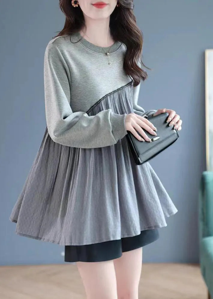 Grey O-neck Wrinkled Patchwork Sweatshirt Spring