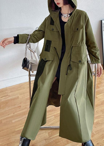 Army Green Pockets Patchwork Button Zippered Fall Tie Waist Hooded Coat Long Sleeve
