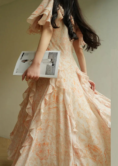 Italian Orange Ruffled Print Chiffon Maxi Dresses Summer