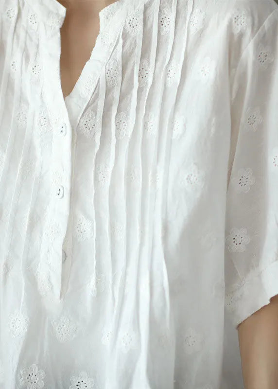Classy White V Neck Embroideried Patchwork Cotton Shirt Top Summer