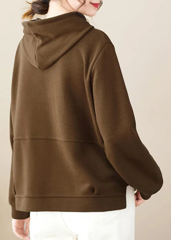Coffee Hooded Patchwork Simple Cotton Pullover Fall