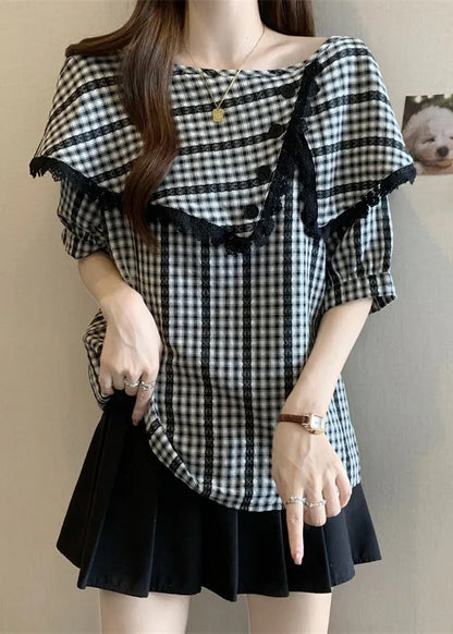 Grey Asymmetrical Plaid Cotton Shirts Summer