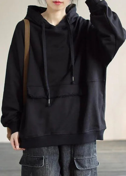 Hooded Cinched Spring Black Blouses