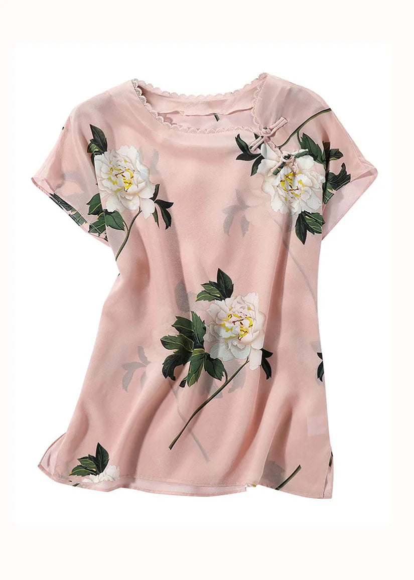 French Pink O Neck Print Patchwork Oriental Button Silk Tops Summer