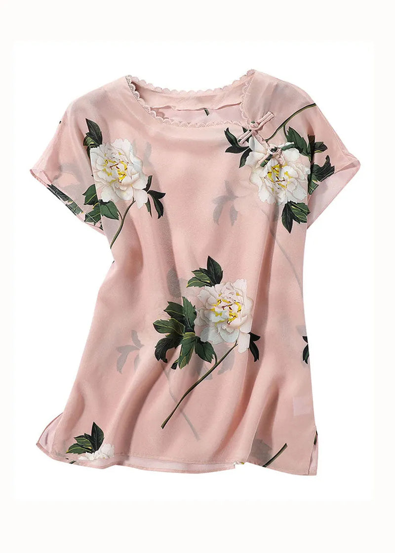 French Pink O Neck Print Patchwork Oriental Button Silk Tops Summer