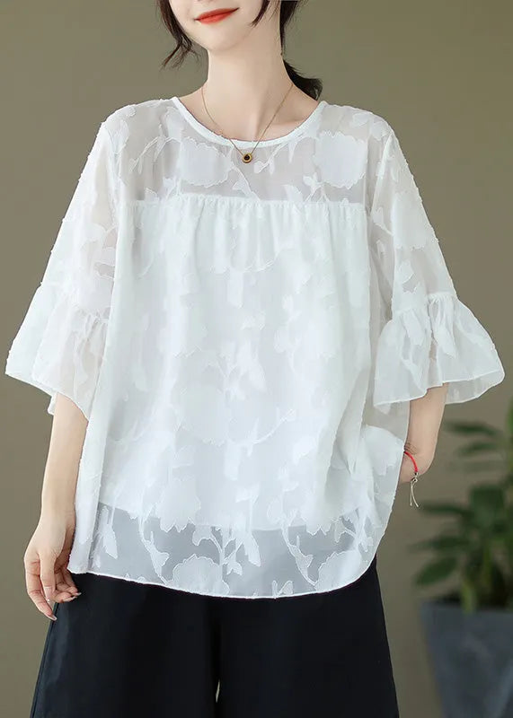 Jacquard White Embroidery Tulle Top Flare Sleeve