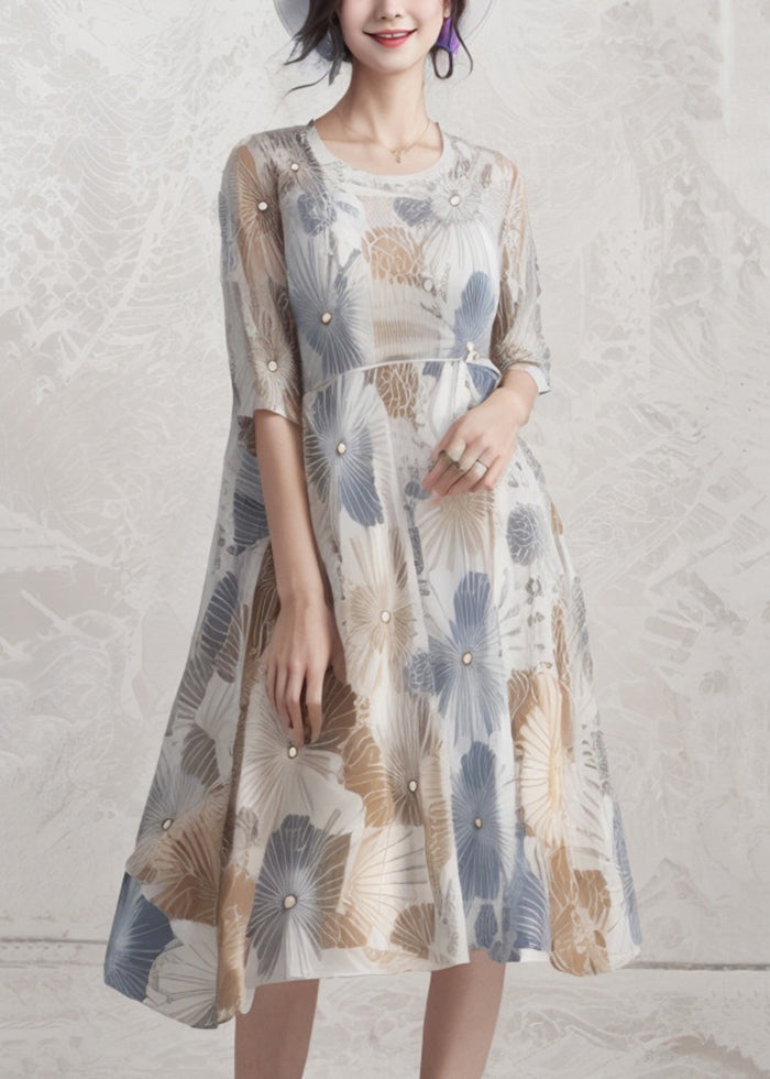 Modern Blue Grey Print Draping Silk Maxi Dresses Summer