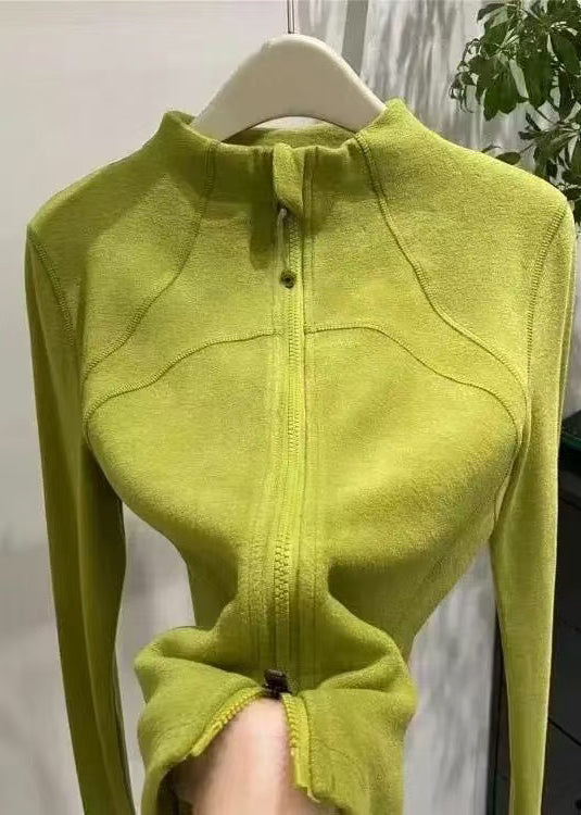 Organic Green Stand Collar Zippered Velour Coats Spring
