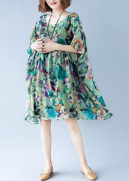 Green O Neck Print Patchwork Chiffon Dresses Summer