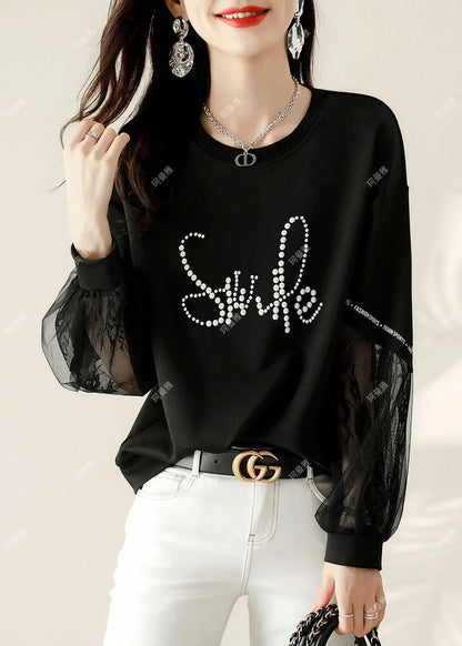 Black Tulle Print Cotton Loose Sweatshirt Spring