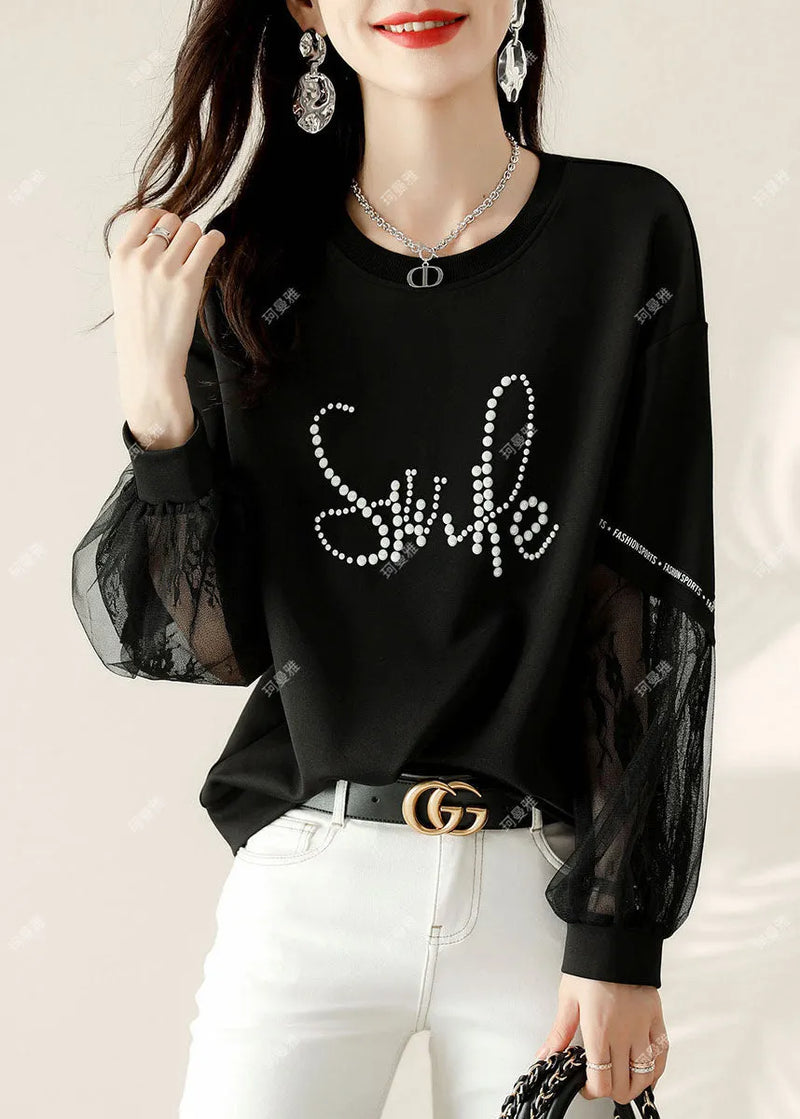 Black Tulle Print Cotton Loose Sweatshirt Spring