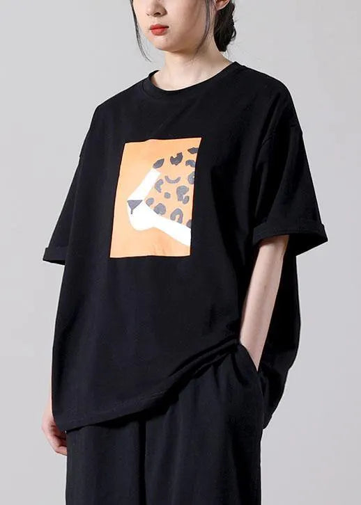 Simple Black Print O-neck Cotton Blouse Tops Short Sleeve Summer