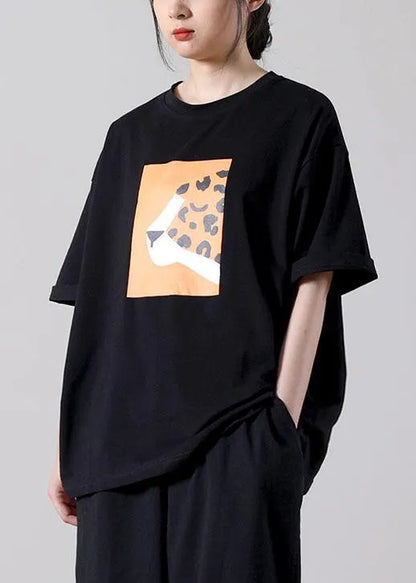 Simple Black Print O-neck Cotton Blouse Tops Short Sleeve Summer