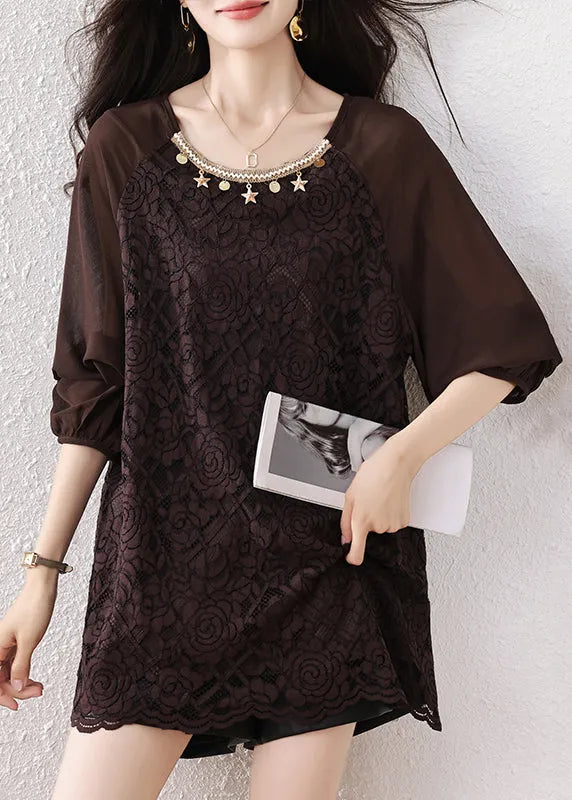 Chocolate Oversized Star Decorated Lace Shirt Tops Fall