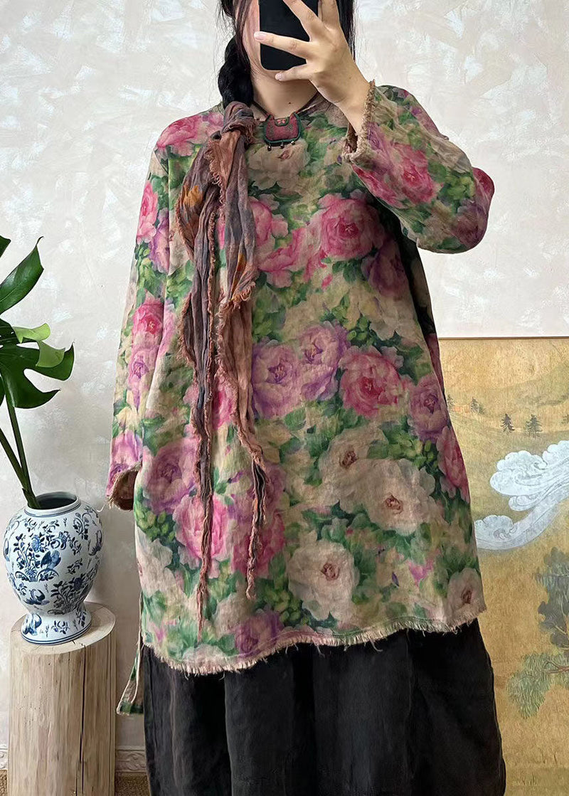 Loose Green O Neck Print Linen Top Long Sleeve