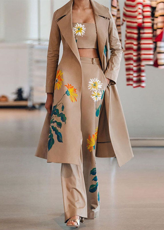 French Black Print Chiffon Cinch Trench Coats and Pants Three Piece Set Spring