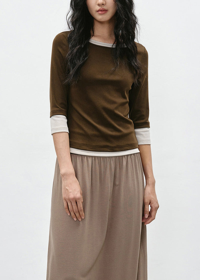 Coffee Patchwork Cotton T Shirt O Neck Bracelet Sleeve
