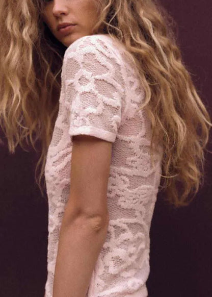 Art Pink O Neck Hollow Out Knit T Shirts Summer