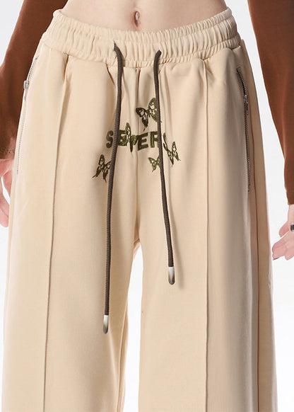 Apricot Butterfly Embroideried Warm Fleece Wide Leg Pants Spring