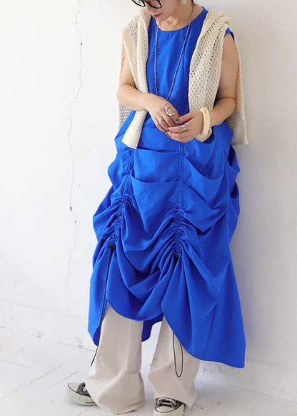 Blue Oversized Wrinkled Cotton Vacation Dresses Sleeveless Fall