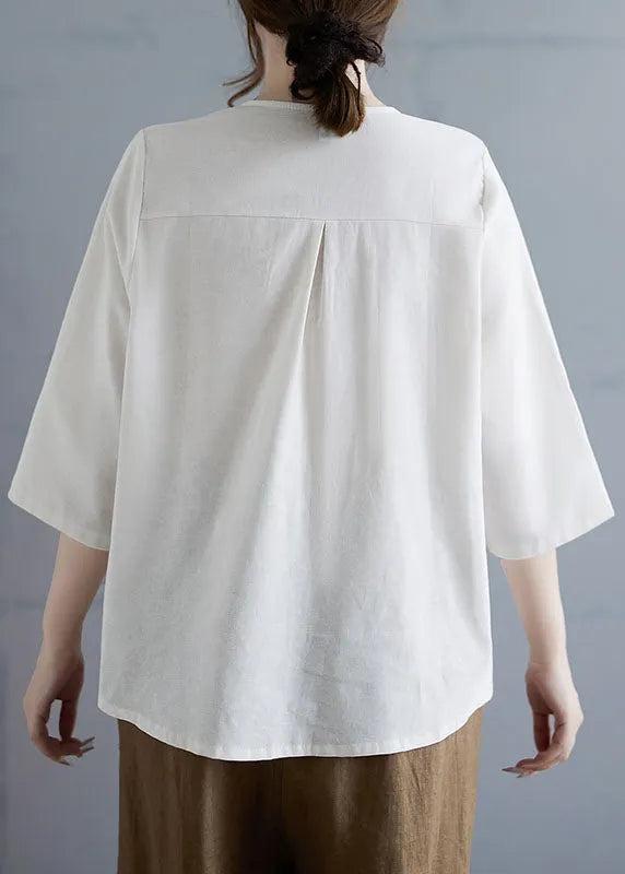 Linen Color O Neck Button Cotton Top Bracelet Sleeve