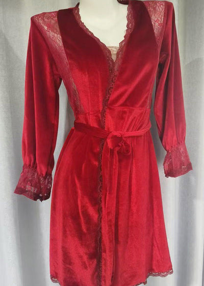 Purple V Neck Patchwork Silk Velour Blended Cardigans and Slips Lingerie Sets