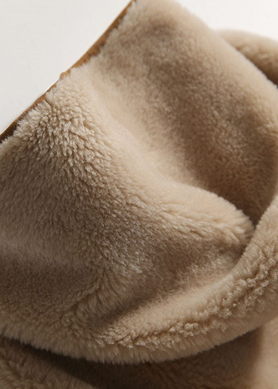 Light Camel Patchwork Button Hooded Faux Fur Coats Long Sleeve