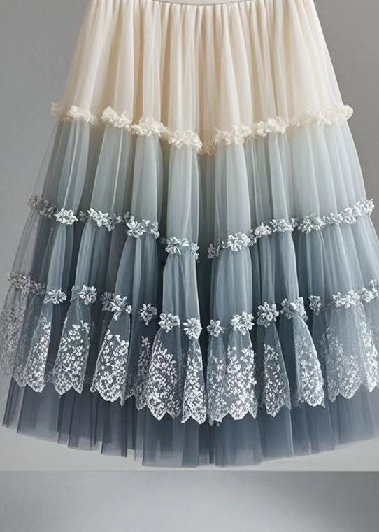 Gradient Color Ruffled Print Tulle Skirt Summer
