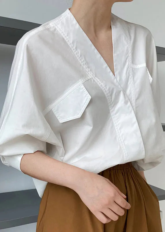 French White V Neck Cotton Shirts Top Batwing Sleeve